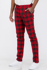 Men Plaid Back Pocket Button Fly Slim Fit Trouser Pants Red Zarnesh